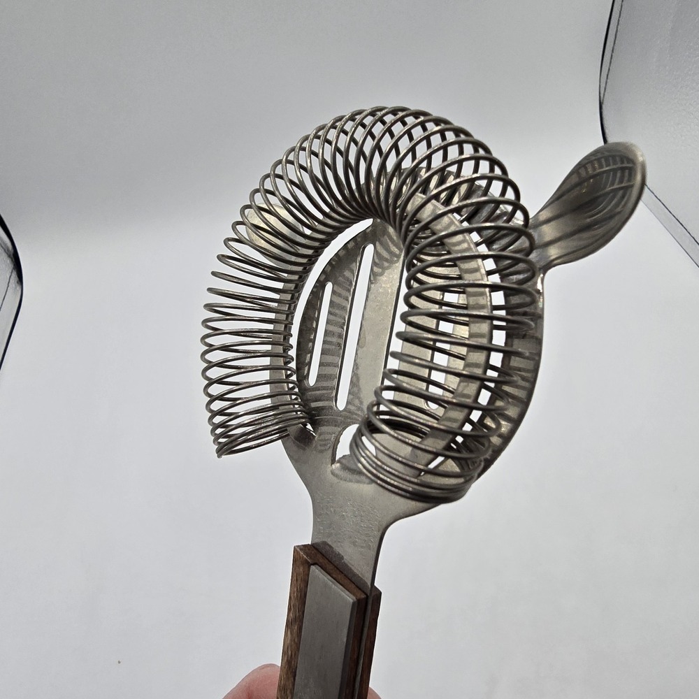 Vintage MCM Cocktail Strainer Stainless Steel & Wood Handle Bar Accessory - Picture 3 of 7